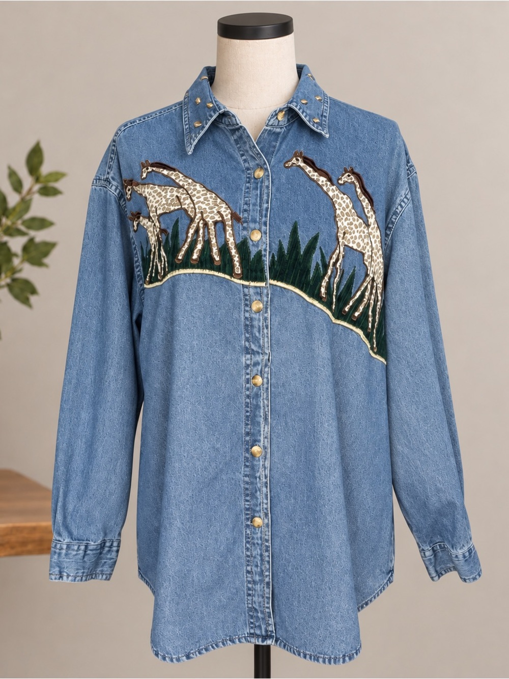 Women’s Denim Giraffe Shirt Button Up Jean Long Sleeve Y2K Sara Studio Sz Xl